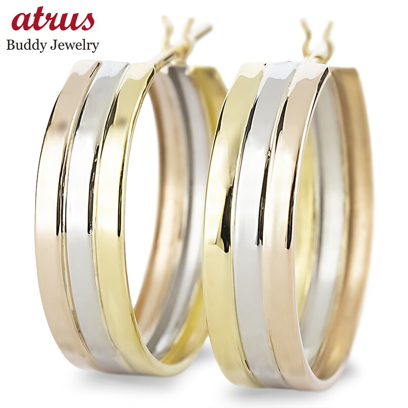 【25%OFFクーポンセール】【最短発送】 18金 プラチナ フープピアス 3連 メンズ 幅広 ゴールド 18k コンビ ピアス イエローゴールドk18 ピンクゴールドk18 pt900