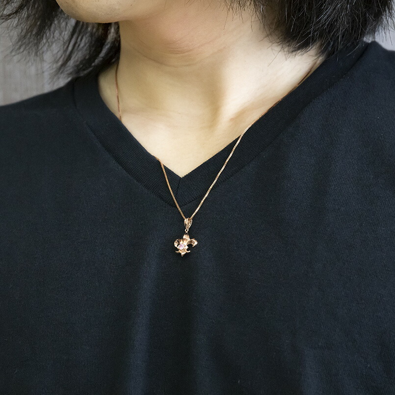 ネックレス メンズ ピンクサファイア ダイヤモンド ピンクゴールドk10 ユリ紋章 ペンダントトップ 10金 シンプル チェーン フルール ド リス 人気 男性用 送料無料 最前線の