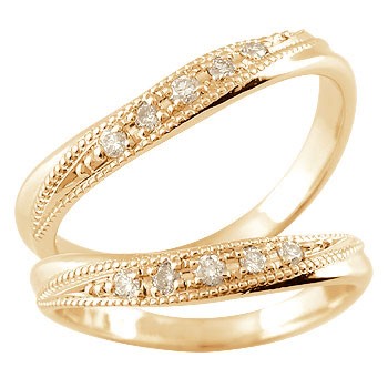 結婚指輪 ピンクゴールドk18 ペアリング マリッジリング ダイヤモンド ミル打ち 18金 リング 2個セット