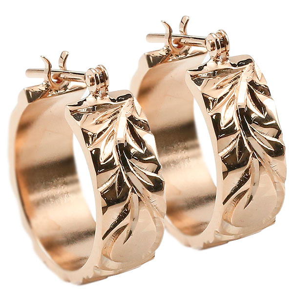 18金 ハワイアンジュエリー ピアス メンズ ピンクゴールドk18 ピアス フープピアス 地金 マイレ スクロール プルメリア シンプル 男性用 ピアス リング の 送料無料 Sermus Es