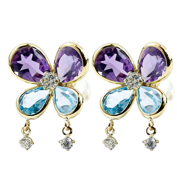 18金 ピアス 18k レディース イエローゴールドk18 アメジスト ブルートパーズ 蝶々 ちょうちょ バタフライ キュービックジルコニア スタッドピアス 宝石 両耳用 11月