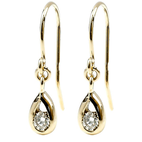 【最短発送】 ピアス レディース ダイヤモンド 揺れる フックピアス ペア 一粒 0.1ct 雫 ドロップ イエローゴールド K10 両耳用 天然石 日本製 母の日