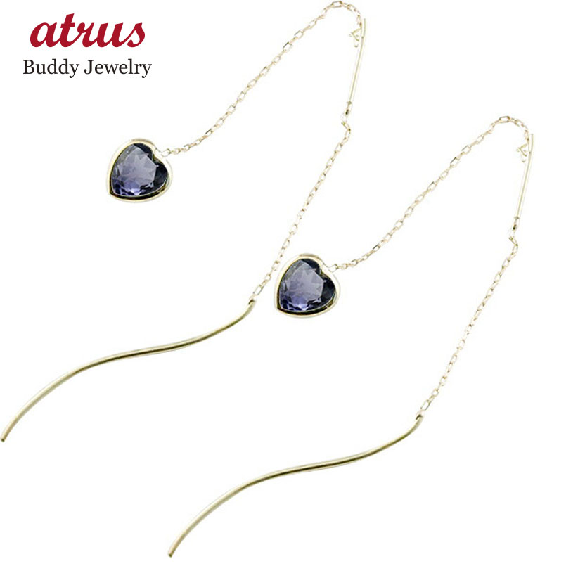 ピアス 18k レディース 18金 落ちないピアス アメリカンピアス ハート アイオライト イエローゴールドk18 ストッピ 宝石 両耳用｜ジュエリー工房アトラス 36,400円