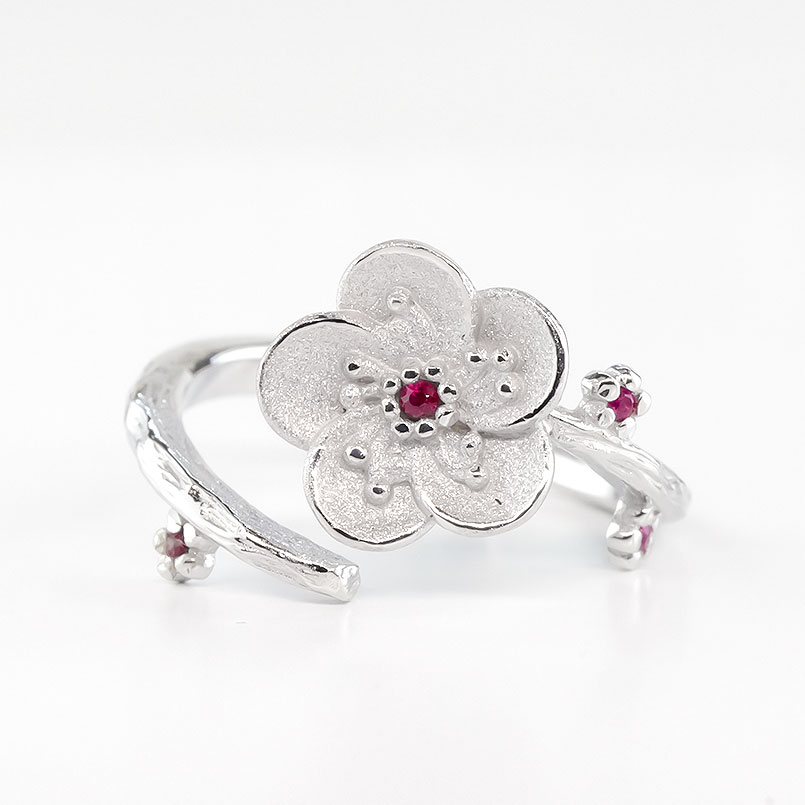 リング レディース ルビー ゴールド ファランジリング 梅の花 ホワイトゴールドk10 フリーサイズ