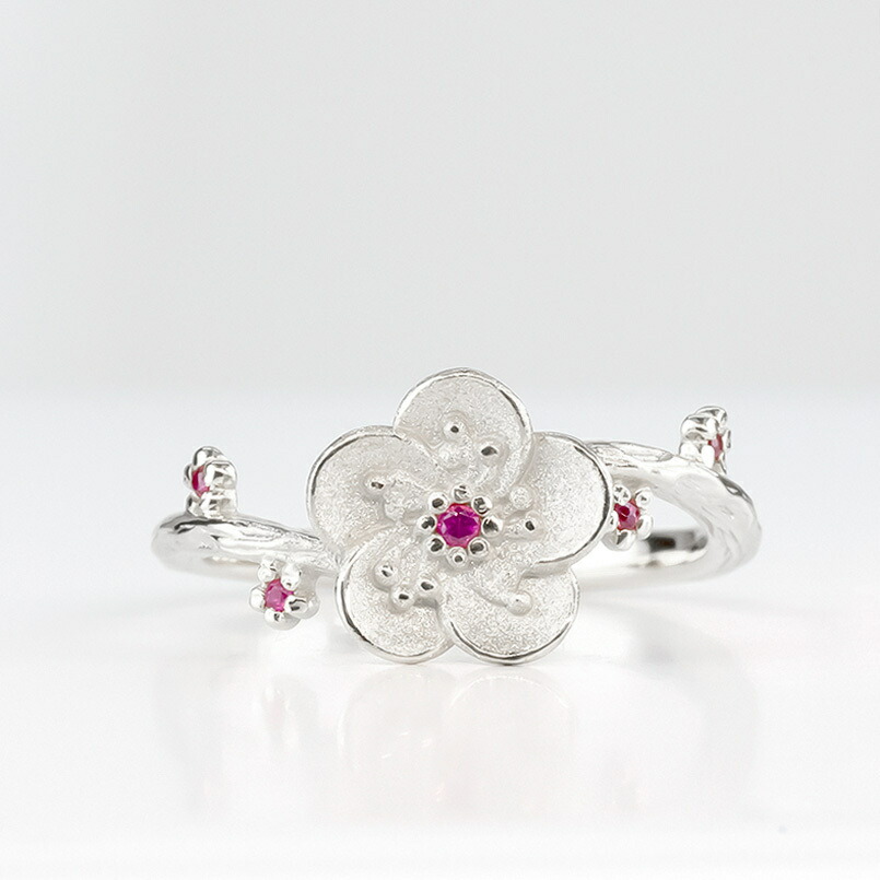 シルバー リング ピンキーリング 梅の花 指輪 Sv925 レディース ルビー 婚約指輪