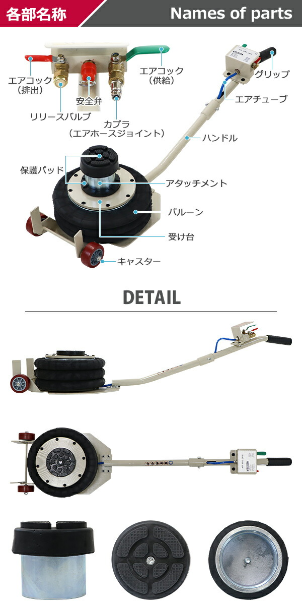 専門ショップ 送料無料 バルーンジャッキ 低床タイプ アタッチメント付き 最高位503mm エアーバルーンジャッキ 3段 能力約3t 約3.0t 約3000kg  エアー式 エアージャッキ フロアジャッキ ベローズ式ジャッキ ガレージジャッキ トラック ジャッキ ジャッキアップ タイヤ交換 ...