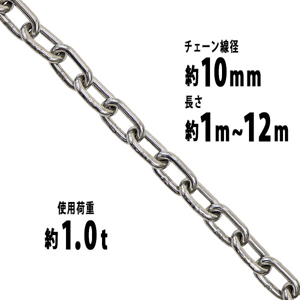送料無料 ステンレスチェーン チェーン 線径約10mm 使用荷重約1t 約1000kg 約1m~約12m SUS304 JIS規格 ステンレス製 鎖 くさり 吊り具 チェーンスリング スリングチェーン リンクチェーン チェイン 金具 クレーン ホイスト 玉掛け 吊り上げ 建築 工場 水まわり suschain10mm｜アッタ 22,485円