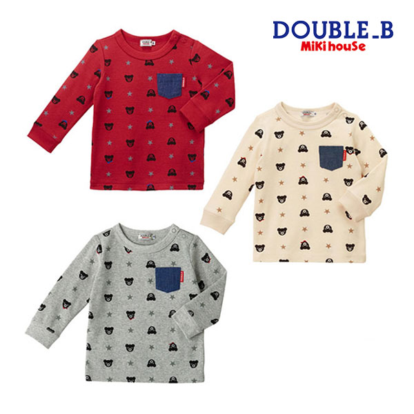 ●期間限定P11倍●30％OFFセール●ミキハウス　ダブルビー　mikihouse　ポケット付き長袖Ｔシャツ(110・120・130）子ども服　保育園　幼稚園　キッズ　小学生　男の子　女の子　お出かけ　クロクマ　ビー君　総柄　ロンT　アウトレット