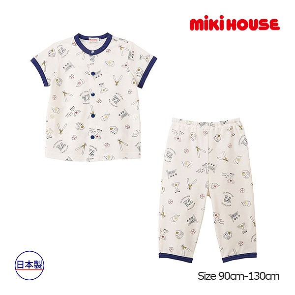 ●期間限定P11倍●取り寄せ商品●30％OFFセール●ミキハウス　mikihouse　ベースボール柄 タック天竺素材 前開き 半袖パジャマ 日本製（90・100・110・120・130）野球柄 幼児 キッズ 男の子 ルームウェア 寝巻