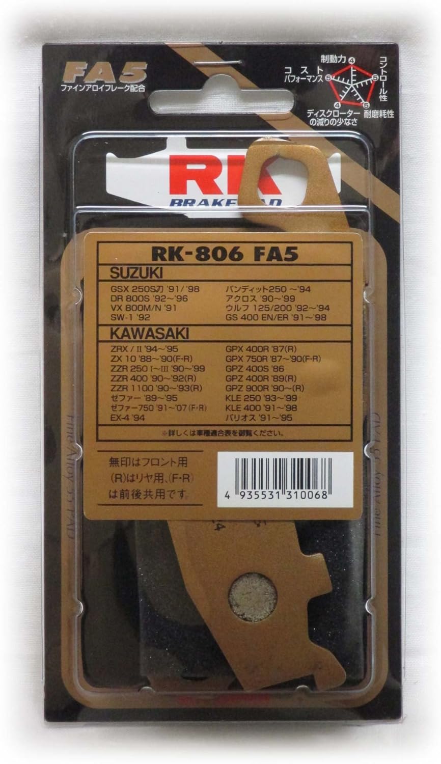 RK ブレーキパッド RK-806 FA5 FIBE ALLOY スズキ カワサキ/00-5406 GSX250 DR800S ZRX ゼファー ZX10