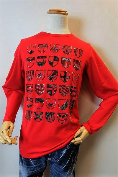 【セール３５％ＯＦＦ】 ウザリス USUALIS 【ロングＴシャツ】【オールシーズンインポート品】【メンズウェア】【カットソー】【イタリア製】【スワロフスキー】 エンブレムストレッチロングＴシャツ レッド