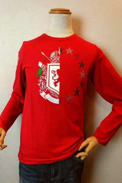 【大売り出し３５％ＯＦＦ】 ウザリス USUALIS 【ロングＴシャツ】【オールシーズンインポート品】【メンズウェア】【カットソー】【イタリア製】【スワロフスキー】 イタリアン主題柄伸ばすことロングＴシャツ 赤いこと
