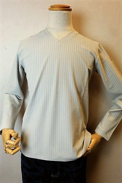 【セール５０％ＯＦＦ】 ビビコ BBCO 【ロングＴシャツ】【春夏アウトレット現品限り品】【メンズウェア】【カットソー】【シアサッカー】【ビビコ服】 ストレッチシアサッカーＶネックロングＴシャツ グレー