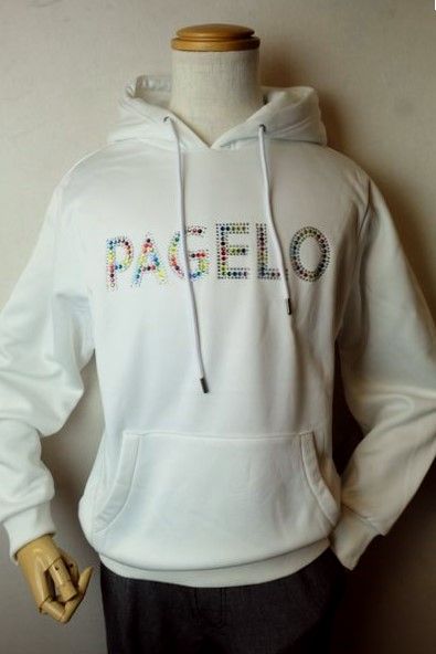 【セール６０％ＯＦＦ】 パジェロ PAGELO 【パーカー】【秋冬現品限り品】【メンズウェア】【ラインストーン】【カットソー】【アンジェロ服】 ラインストーンロゴパーカー ホワイト｜フォーシーズン・ギャラリー