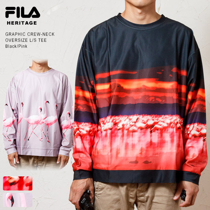 フィラ ヘリテージ フラミンゴ 総柄プリント 長袖Tシャツ ロンT / FILA Heritage CREW NECK L/S T-shirt FM9932 ブラック 正規取扱店【限定ライン】ストリート/秋冬