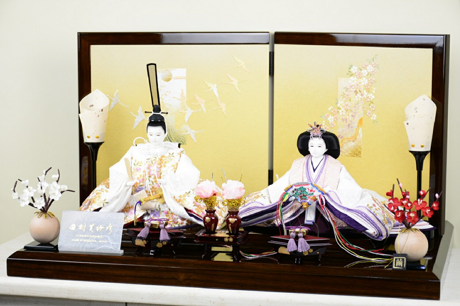雛人形 左京 田村芙紗彦 親王飾り 京十一番 金桜並木 平台 ダークブラウン艶 幅60cm 二曲金彩屏風 短冊に鶴 平飾り ひな人形 シンプル おしゃれ モダン|赤ちゃんランドあぶらや