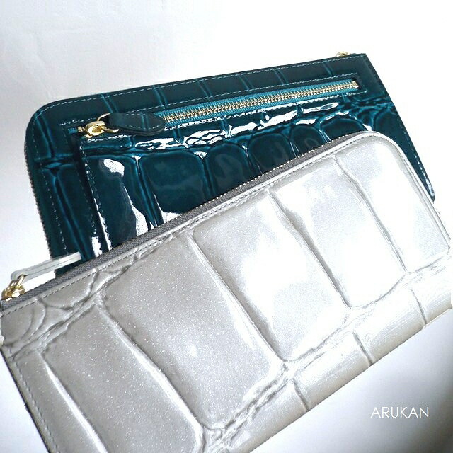 ノベルティ ARUKAN アルカン L字ファスナー 長財布 クロコ型押し エナメル レザー テールワニ 1216-632（旧1214-623） ホワイト/パール/ブルー/グリーン
