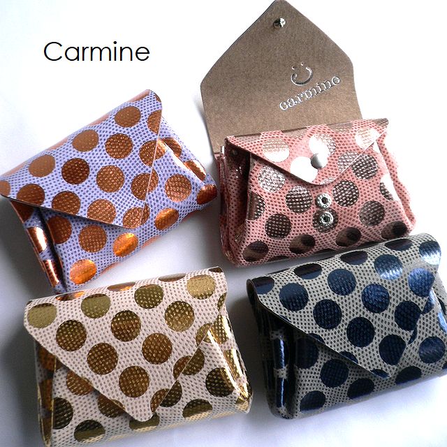 carmine カーマはたご屋 水玉一点 箔押し なめし革 ミニウォレット 折り銭入れ DMW ゴールド/薄墨色/サクラ色/青碧/緑であること/黒いこと/オレンジ色