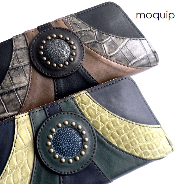 ノベルティ＆レザークリームプレゼント moquip モキップ ガルーシャ クロコ 生産ライン ステアレザー ラウンドチャック 長札入れ WLGC06213 緑であること/黒いこと