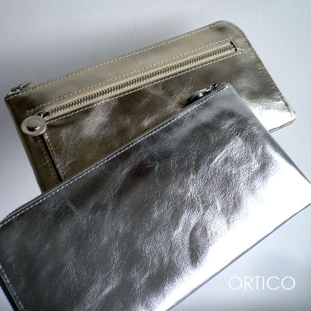ノベルティ ORTICO オルティコ 長金入れ 薄べったい金入れ 金銀箔 型押し なめし革 L字チャック OR-0028ME METALLIC ゴールド/しろがね色