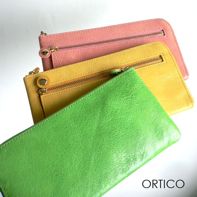 ノベルティ ORTICO オルティコ 長財布 薄い財布 コーティングレザー ゴート ヤギ革 L字ファスナー OR-0028CD CANDY イエロー/オレンジ/グリーン/ピンク/ブルー/ブラウン/ネイビー/ブラック
