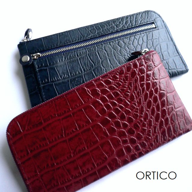 ノベルティ ORTICO オルティコ 長金入れ 薄べったい金入れ クロコ型押し なめし革 L字チャック OR-0028ICD CROCO ブドウ酒赤いこと/オリーブ/米国海軍/赤銅色/黒いこと/しろがね色