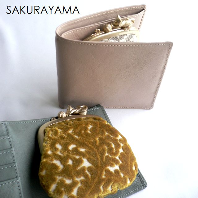 SAKURAYAMA 櫻まっ盛り なめし革 折り紙入れ 金入れ W201IV W201BL 象牙色 ベージュ ブルーブルーグレイ 猫/ねこ/猫