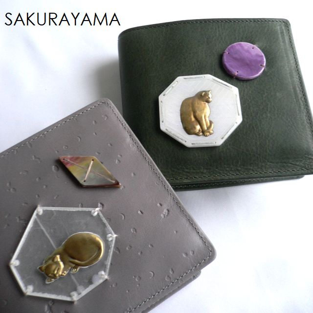 SAKURAYAMA 櫻真っ盛り なめし革 折り札入れ 金入れ W212PL W212BK パープル 黒いこと 薄墨色 オリーブ 緑であること カーキ 猫/ねこ/猫 財布・ケース-バッグ・小物・ブランド雑貨-レディース財布