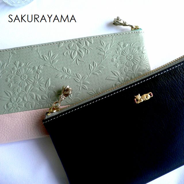 ノベルティ SAKURAYAMA 櫻まっ盛り なめし革 金入れ L字チャック 小っちゃいねこ LF長金入れ L W239L 猫 ねこ 駱駝 薄墨色 さくら色 黒いこと しろがね色