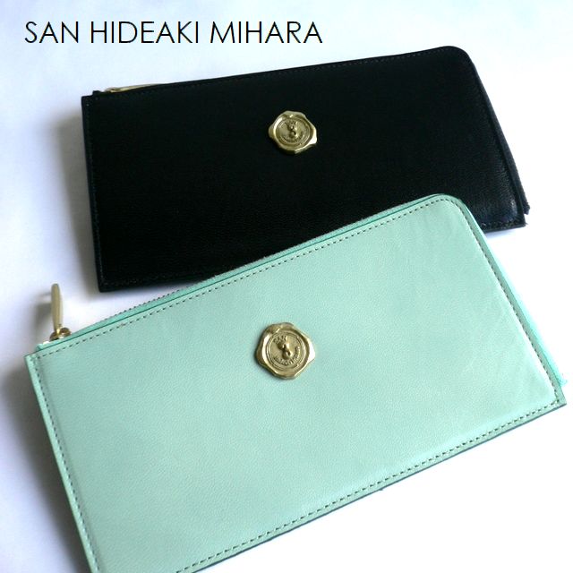 ノベルティ SAN HIDEAKI MIHARA サンヒデアキミハラ スリム L字ファスナー 山羊革 長財布 SLU-BRK グレージュ グリーン ブラック