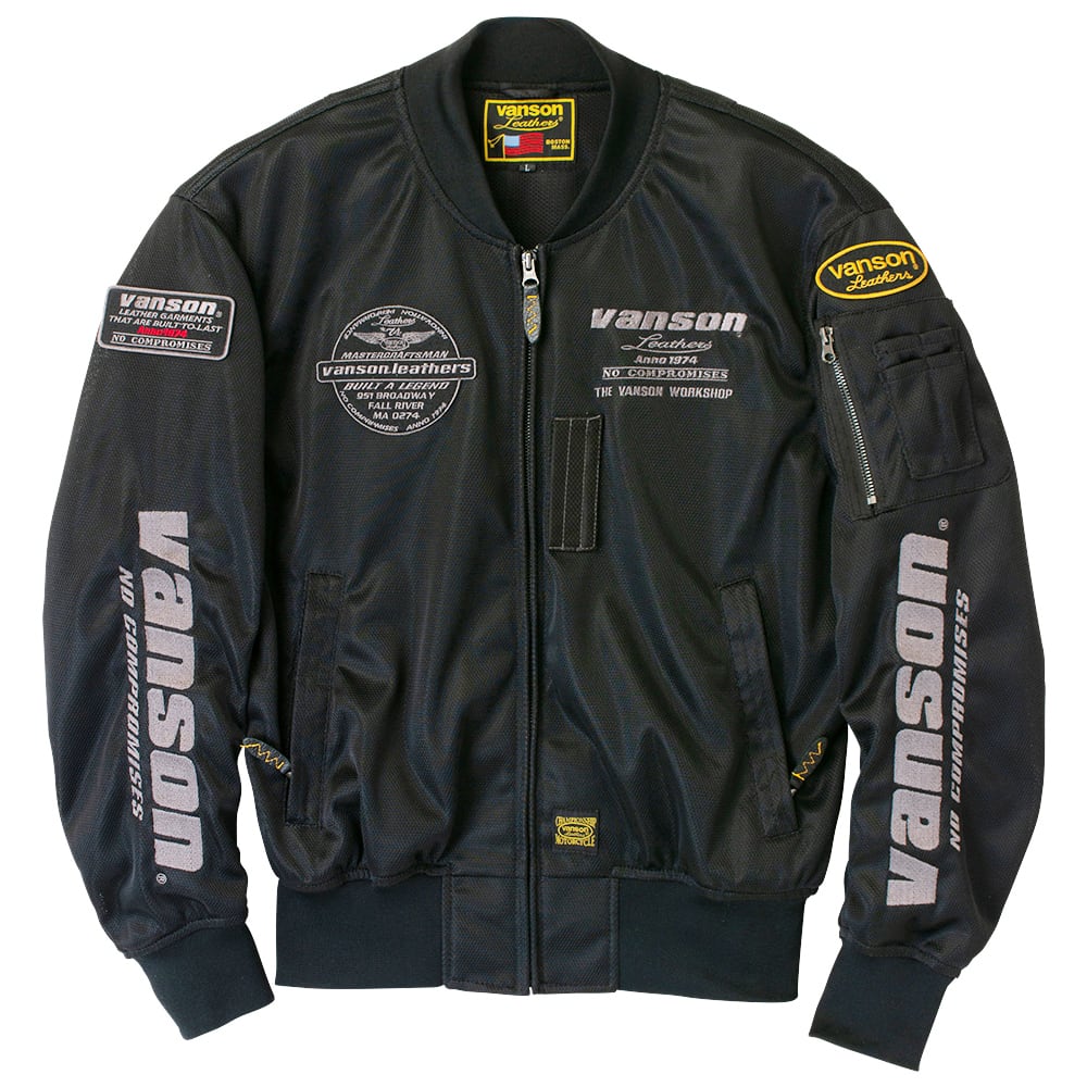 【在庫あり 即納】VANSON バンソン TVS2501S メッシュMA-1ジャケット BK/ガンメタ ストレッチ素材
