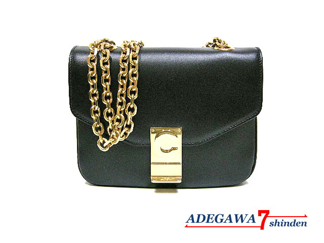 セリーヌ（CELINE）★SMALL C・スモール セー・ダブルチェーン・ショルダーバッグ・カーフレザー・ブラック・ゴールド金具・188403★新品同様～美品<br>■アデ川質店 新田店■【質屋出店】【中古】