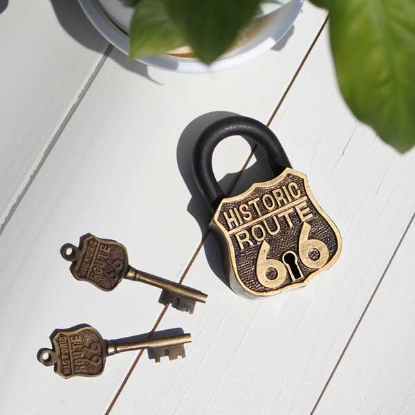 ルート66 アンティーク ロック 鍵２本付き 南京錠 キー Route66 おしゃれ アメリカン ダイナー ガレージ アメリカ雑貨 再再販