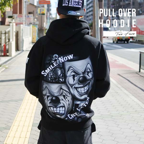 パーカー メンズ 長袖 フーディー HOODIE TWO FACE Smile now cry later 黒いこと ツーフェイス 2人間の顔 今めかしい ピエロ ティーシャツ 汗水 大きめ チカーノ チカーノファッション 置き目馬乗り トップス 厚地の外套大きさ 表どおり ウエストコースト 亜米利加 雑貨