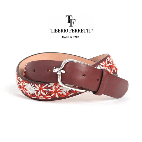 TIBERIO FERRETTI / ティベリオフェレッティ カーフレザーベルト (9363)30粍 刺しゅう(火工品)入り口・入口 赤銅色 竜巻きバックル