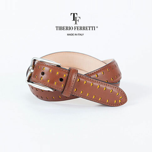 TIBERIO FERRETTI / ティベリオフェレッティ カーフ＆スエードパフォレーション カジュアル＆ドレスベルト 上質カーフレザー(1054) 30mm ハンドメイド仕上げ ブラウンxイエロー （80cm～100cmまでサイズ対応）｜ＡＭＡＬＦＩ