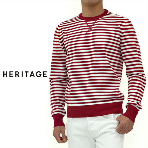 HERITAGE / ヘリテージ ボーダー柄 クルーネック コットンニット レッド&times;ホワイト メンズ サマーセーター HE513022-41｜ＡＭＡＬＦＩ