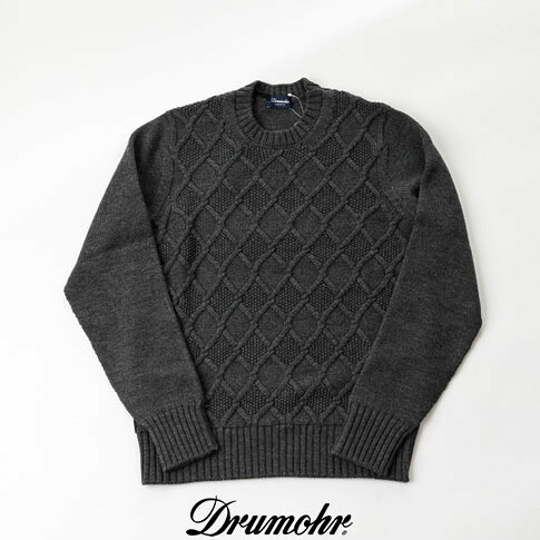 ドルモア / DRUMOHR ドルモア クルーネック ドルモア 5ゲージ ケーブル編みクルーネックニット ラムズウール グレー uw-d5m103gr-d03-671|AMALFI