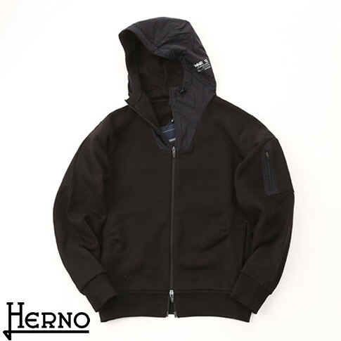 HERNO Laminar/ ヘルノ メンズ ラミナーxヘビー コットン パーカー セーター&ライト オパールセント スウェットシャツ ブラック jc00014ul-9300｜ＡＭＡＬＦＩ