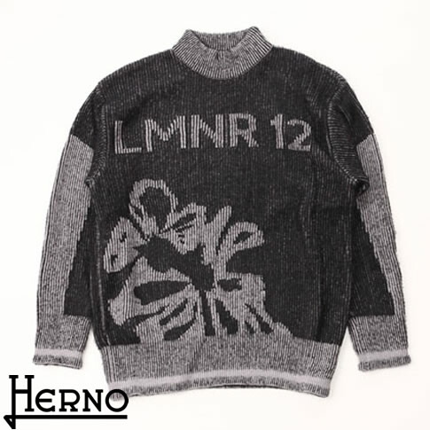 HERNO Laminar/ ヘルノ メンズ ラミナー ウールニット インターシャ編み ハイネック セーター LMNR 12 ブラック ml00003ul 9300｜ＡＭＡＬＦＩ
