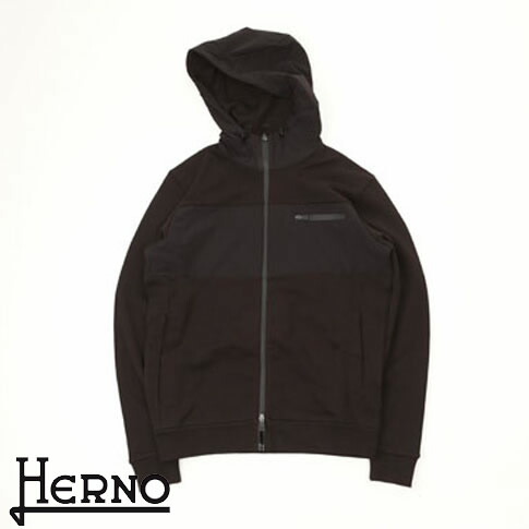 HERNO ヘルノ メンズ スウェットパーカー ブルゾン JC000054U 9300 ブラック FUNCTIONAL WARDROBE ファンクショナルワードローブ 異素材切り替え フーディー ジップアップ｜ＡＭＡＬＦＩ