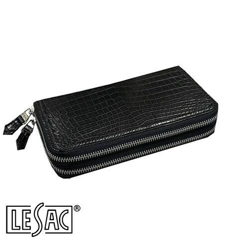 【貨物輸送無料／メイドインジャパン】LESAC（レ背嚢）ナイルクロコダイル ダブルチャック１枚仕立てもの長札入れ 黒いこと 8175-black