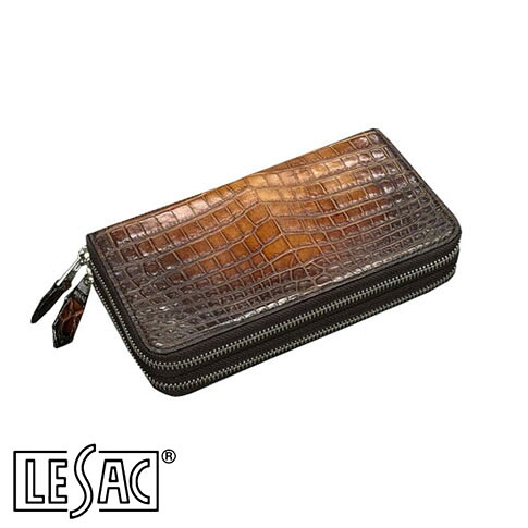 【貨物輸送無料／メイドインジャパン】LESAC（レ背嚢）ナイルクロコダイル ダブルチャック１枚仕立てもの長札入れ パティーヌ 赤銅色 8175sp-patinebrown