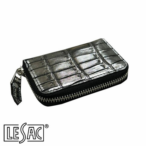 【貨物輸送無料／メイドインジャパン】LESAC（レ背嚢）クロコダイル御釣り入れ ラウンドチャック メンズ レディース 本革 引っ敷き しろがね色 8185-silver