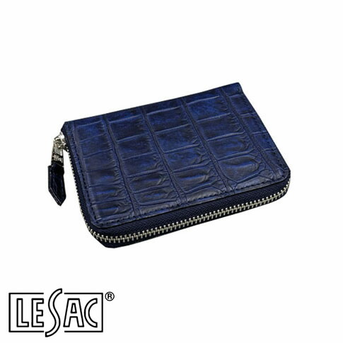 【貨物輸送無料／メイドインジャパン】LESAC（レ背嚢）クロコダイル二つ折り紙入れ ラウンドジッパー ミドルウォレット ワニ革 つや消し紺 アンティークネイビー 8200-antiquenavy