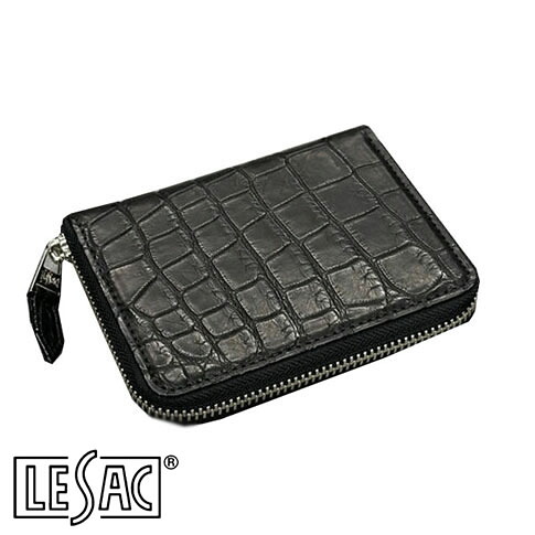 【貨物輸送無料／メイドインジャパン】LESAC（レ背嚢）クロコダイル二つ折り紙入れ ラウンドジッパー ミドルウォレット ワニ革 つや消し黒 黒いこと 8200-black