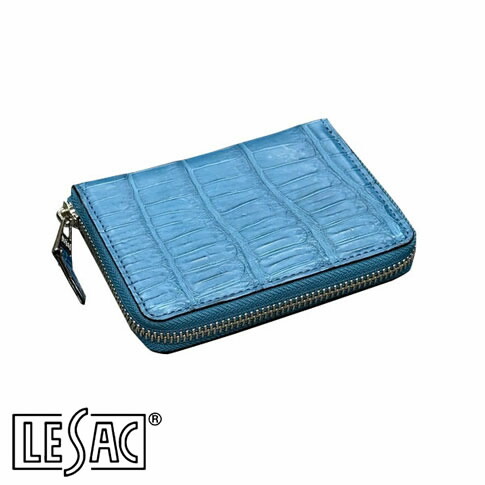 【貨物輸送無料／メイドインジャパン】LESAC（レ背嚢）クロコダイル二つ折り紙入れ ラウンドジッパー ミドルウォレット ワニ革 つや消し水色 青みジーン 8200-bluejean