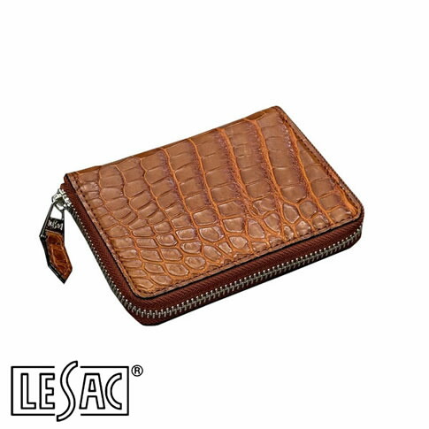 【貨物輸送無料／メイドインジャパン】LESAC（レ背嚢）クロコダイル二つ折り紙入れ ラウンドジッパー ミドルウォレット ワニ革 つや消し赤銅色 コニャック 8200-cognac