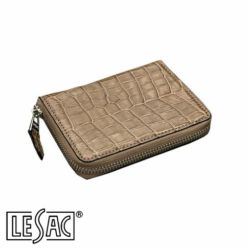 【貨物輸送無料／メイドインジャパン】LESAC（レ背嚢）クロコダイル二つ折り紙入れ ラウンドジッパー ミドルウォレット ワニ革 つや消しベージュ オーク材 8200-oak