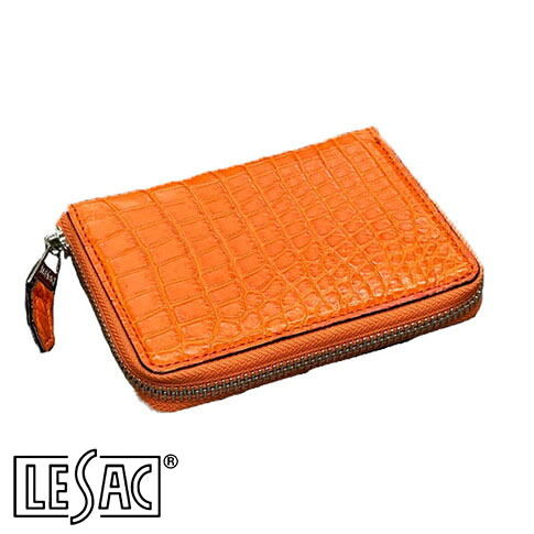 【貨物輸送無料／メイドインジャパン】LESAC（レ背嚢）クロコダイル二つ折り紙入れ ラウンドジッパー ミドルウォレット ワニ革 つや消し オレンジ色 8200-orange